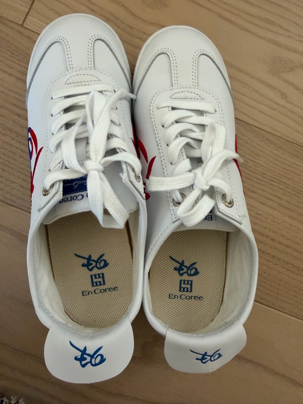 Women's White Sneakers with Blue & Red Accents